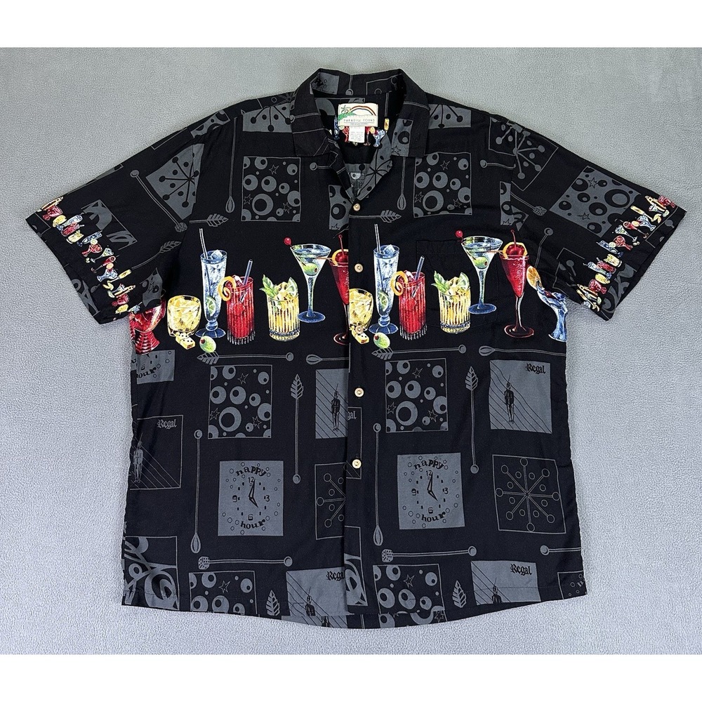 Paradise Found Shirt Mens XL Black Cocktail Glass Hawaiian Rayon Beach Camp